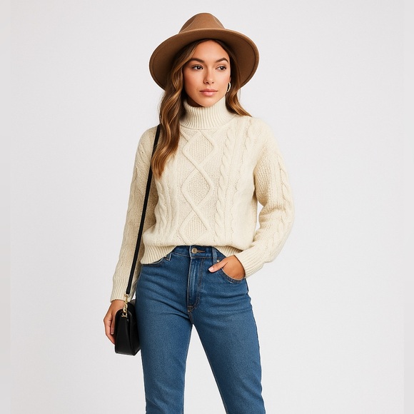 GAP women’s small tall turtle mock neck cream cable knit sweater Alpaca Wool - Picture 1 of 10